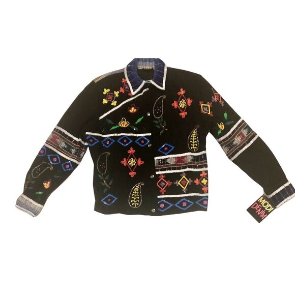 Vintage MODI Denim Beaded Sequined Black Floral Paisley Jacket NEW SAMPLE Sz Med